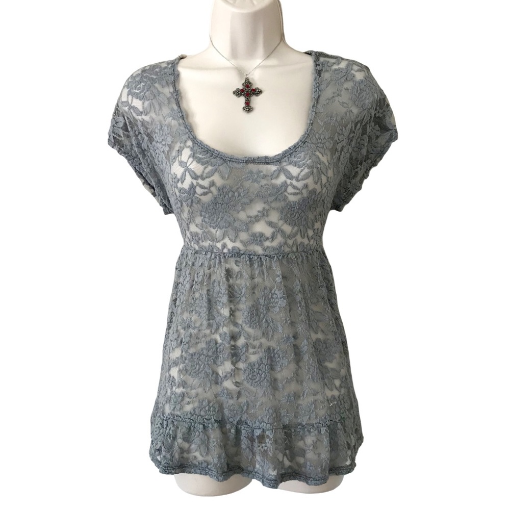 Y2K Vintage Sexy Sheer Lace Gray Scoop Neck Babydoll Top Goth Grunge Medium